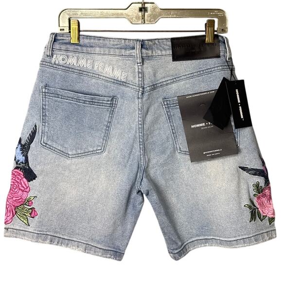 Homme + Femme Denim Shorts Embroidered Flowers Hummingbirds Size 32 Streetwear - Picture 2 of 8